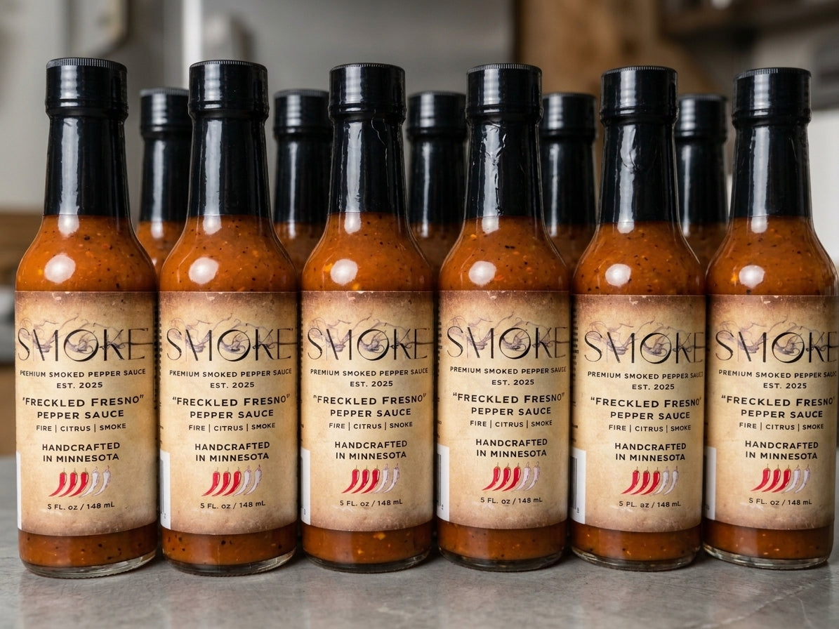 Twelve glass bottles of Smoke Premium Smoked Pepper Sauce Freckled Fresno flavor neatly arranged in a row 