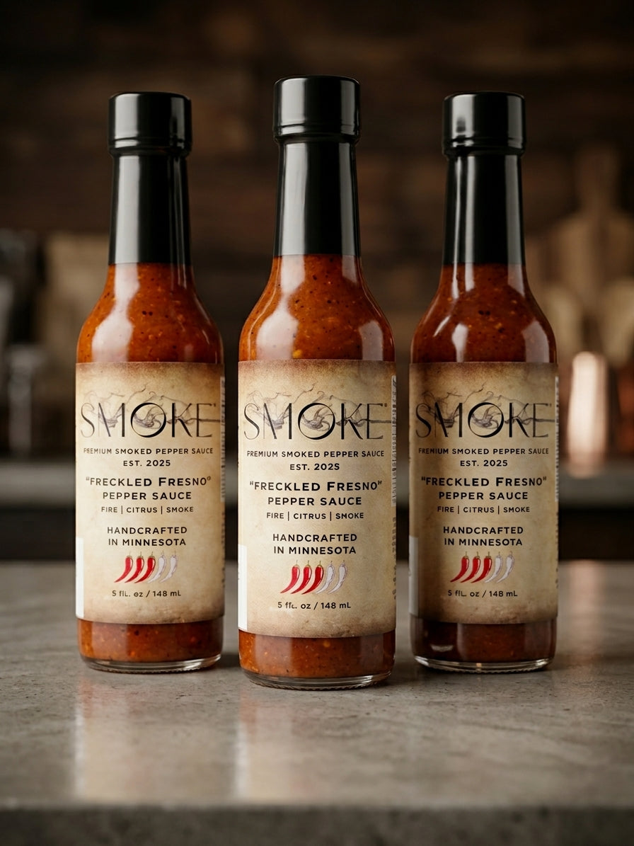 Three clear glass bottles of Smoke Premium Smoked Pepper Sauce Freckled Fresno flavor standing upright on a countertop