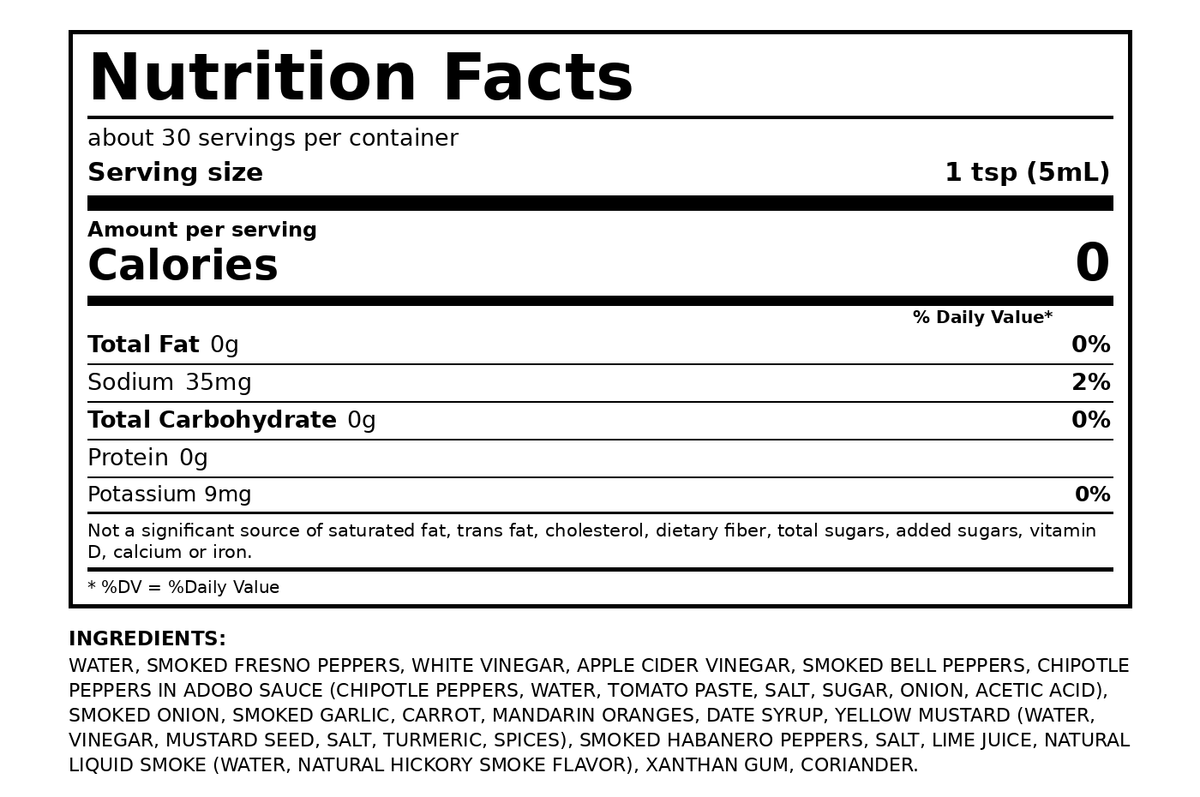 Nutritional Facts and Ingredients for Freckled Fresno pepper sauce. The panel states 0 calories, 35mg sodium, and 0g total fat per 1 teaspoon serving, with the full ingredients list displayed below