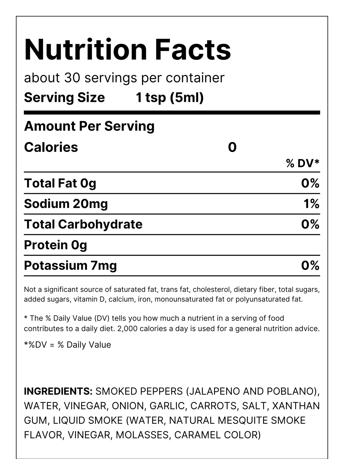 Nutrition Facts Panel for Smoke Handcrafted Smoked Jalapeno & Garlic Pepper Sauce.